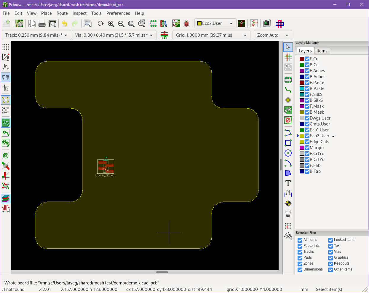 KiCAD showing an irregular board shape with rounded corners and
    indents. In the middle of the board there is a footprint for a 4-pin surface-mount pin header.
