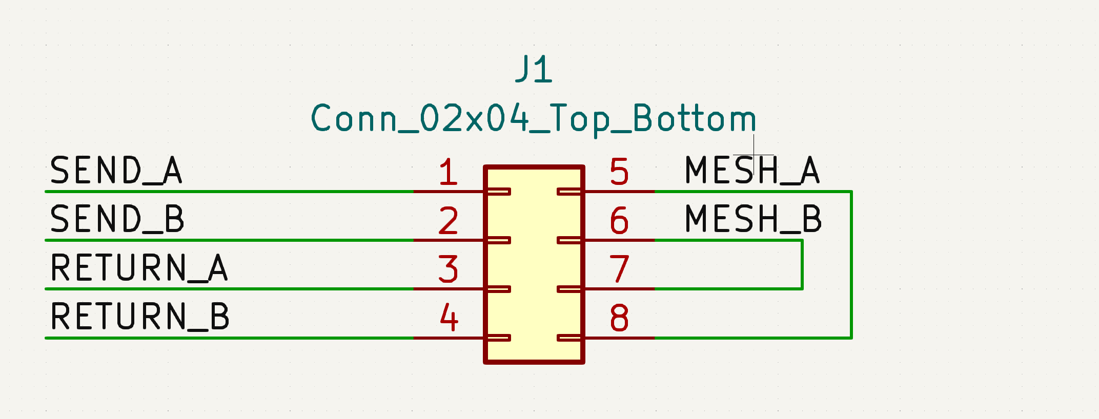 A screenshot of the connector footprint mentioned in the previous paragraph, shown conencted up as described in KiCad's schematic editor.
